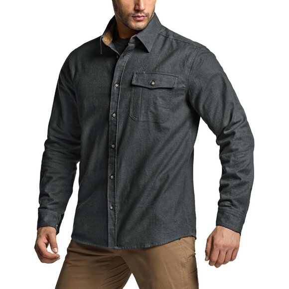 Mens Grey Cotton Flannel Shirt Long Sleeve Brushed Soft Casual Outdoor Plaid - Picture 3 of 9